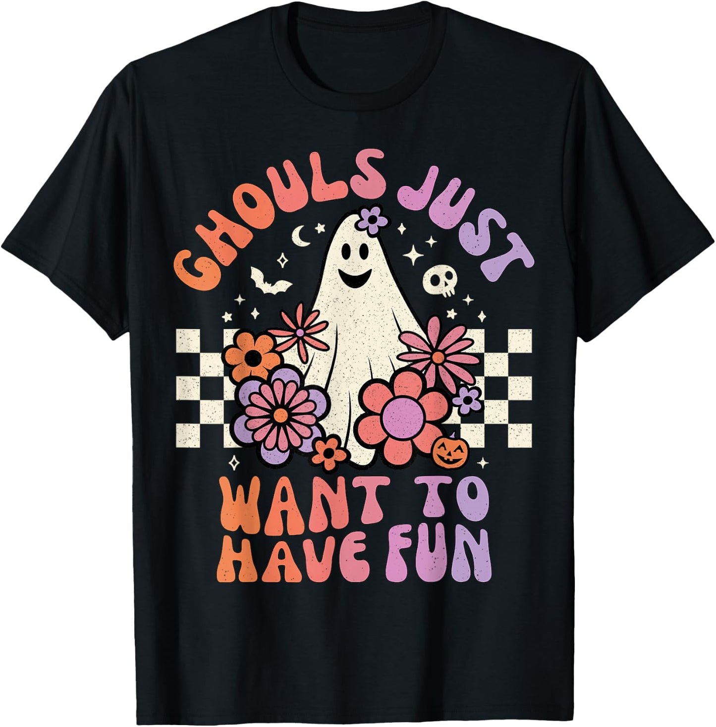 Ghouls Just Want to Have Fun Women Girls Floral Ghost Sketch T-Shirt - T-Shirt | Black