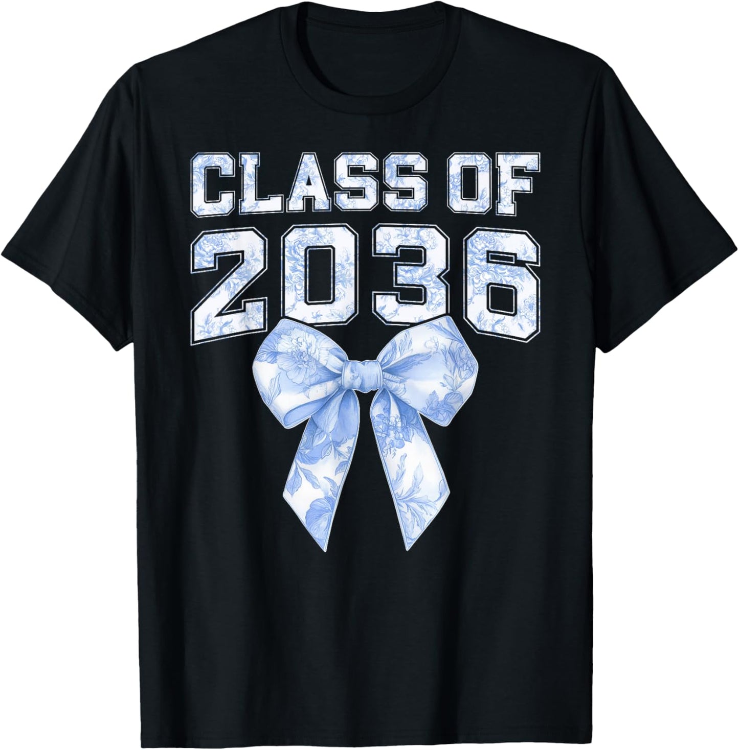 Class of 2036 Coquette Bow Blue Toile Floral Preppy Kid Girl T-Shirt - T-Shirt | Black