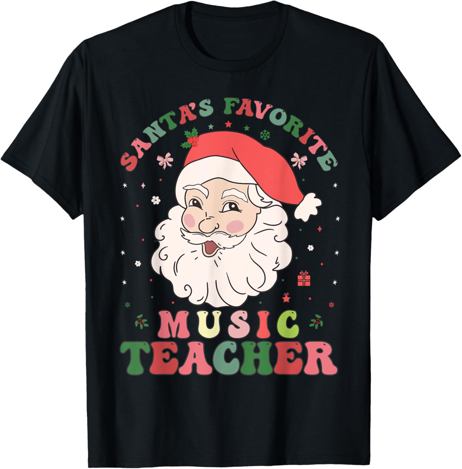 Santa's Favorite Music Teacher Retro Groovy Christmas Xmas T-Shirt - T-Shirt | Black