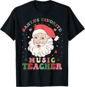 Santa's Favorite Music Teacher Retro Groovy Christmas Xmas T-Shirt - T-Shirt | Black