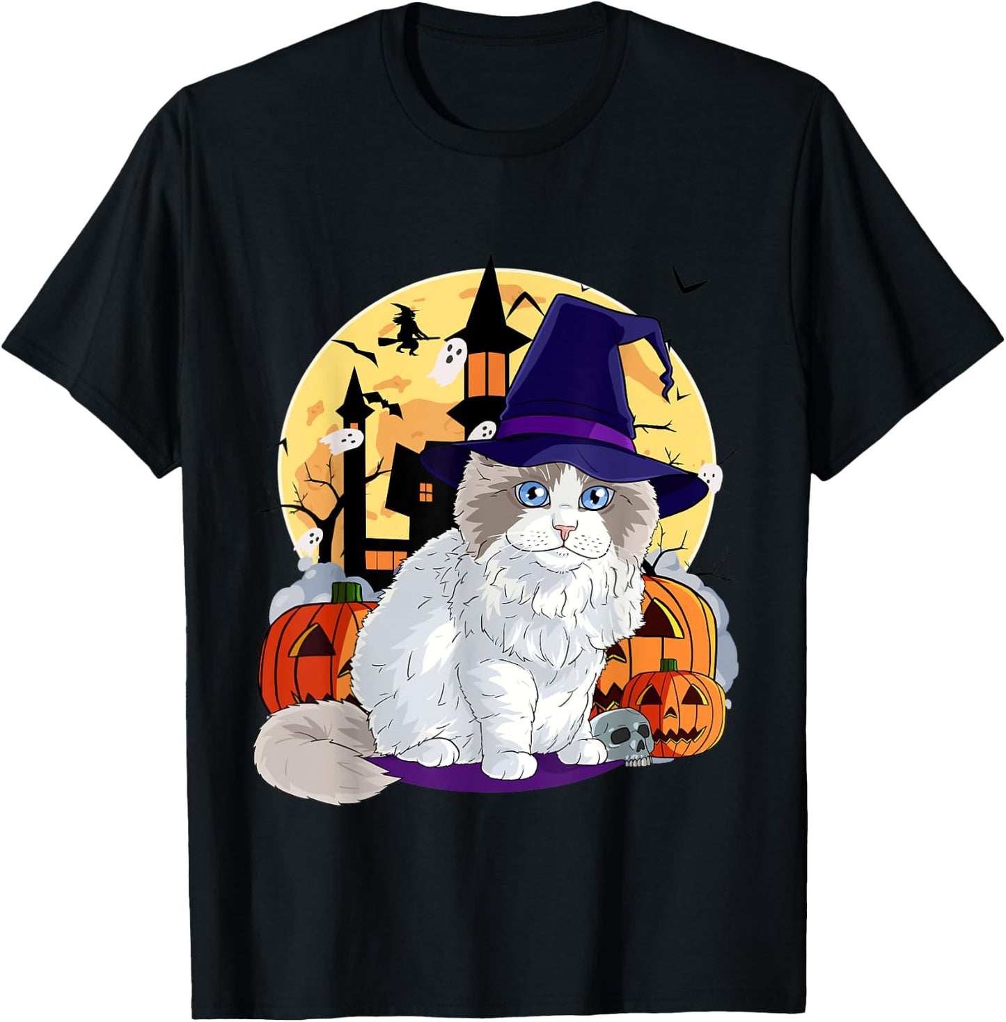 Cute Ragdoll Cat Halloween Witch Pumpkin Men Women Kids T-Shirt - T-Shirt | Black