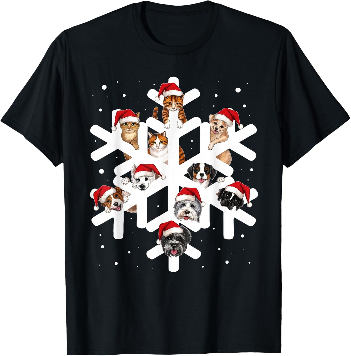 Cute Snowflake Cats Dogs Santa Hat Pets Lover Christmas Pjs T-Shirt - T-Shirt | Black