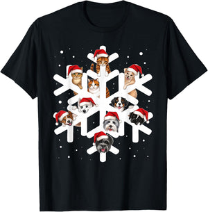 Cute Snowflake Cats Dogs Santa Hat Pets Lover Christmas Pjs T-Shirt - T-Shirt | Black