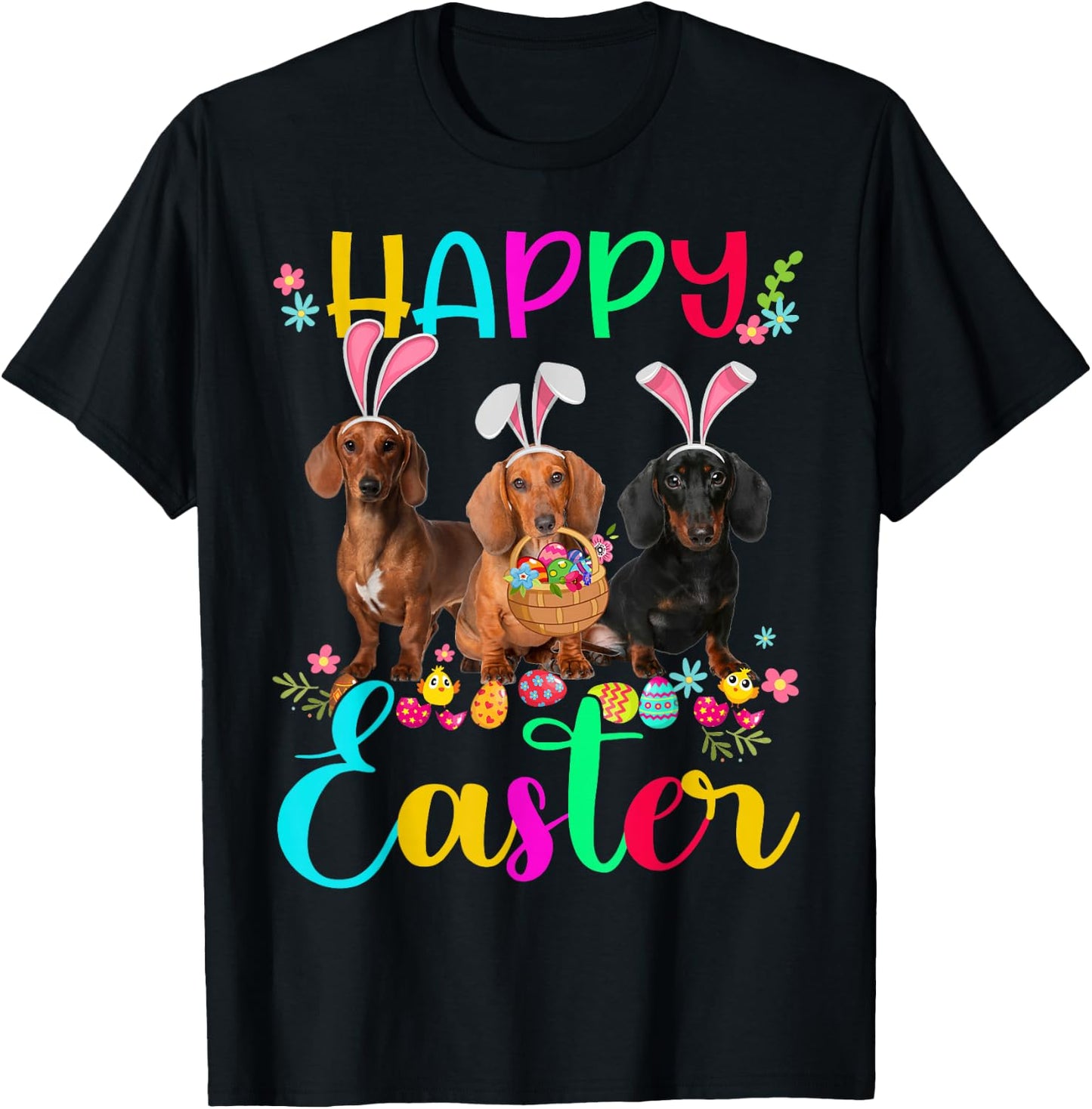 Happy Easter Three Dachshund Wearing Bunny Ear Gifts T-Shirt - T-Shirt | Black