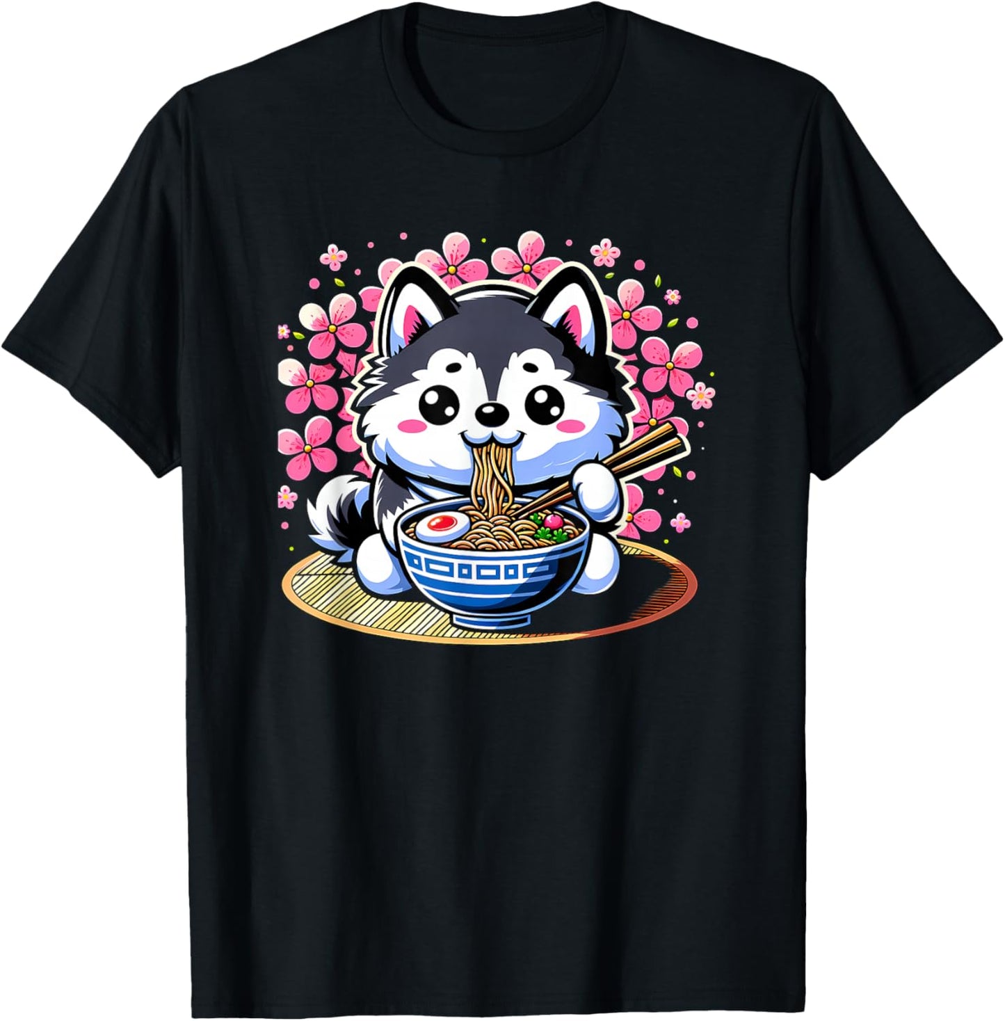 Kawaii Siberian Husky dog Eating Ramen T-Shirt - T-Shirt | Black