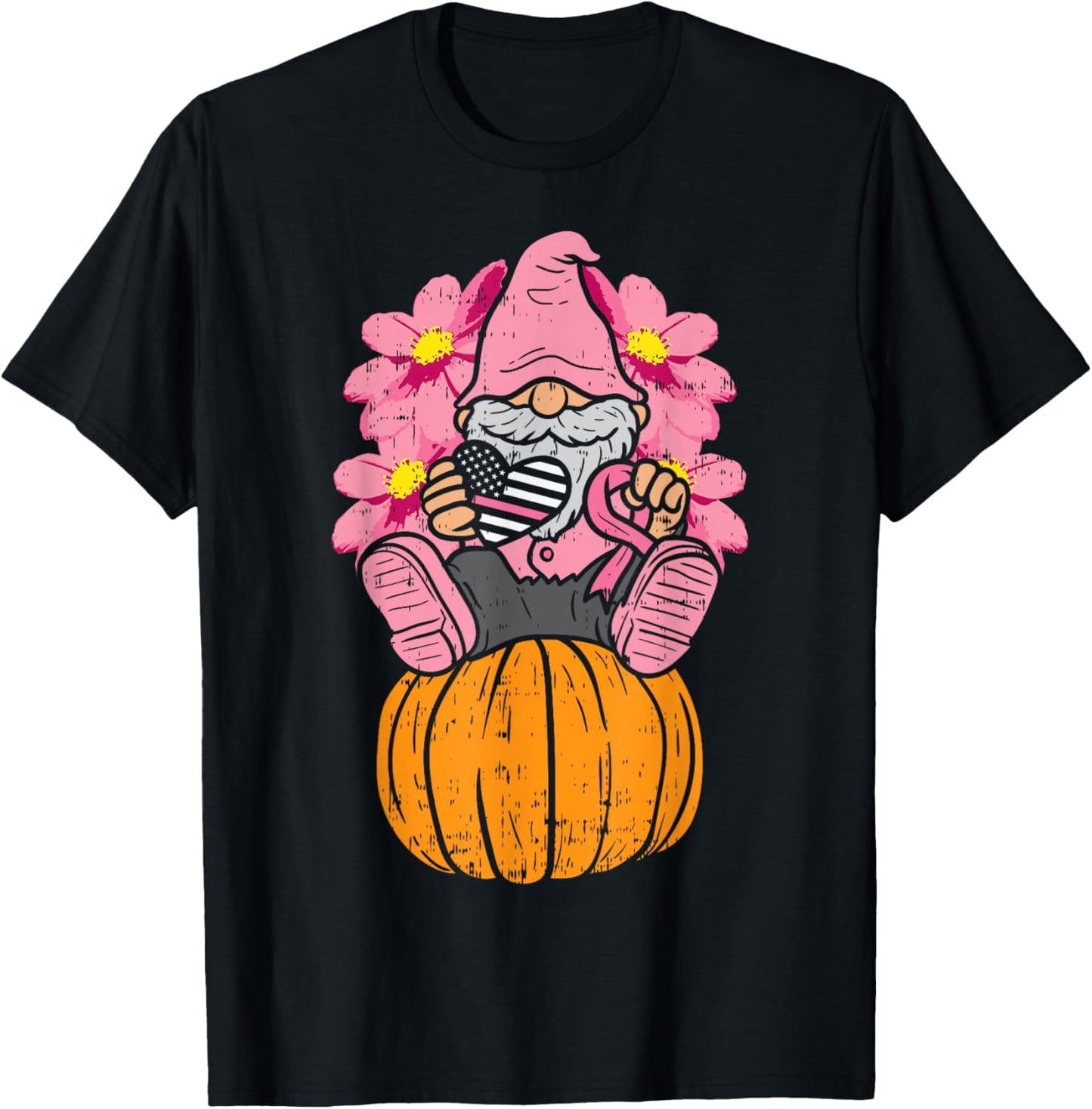 Gnome On Pumpkin Pink Ribbon Breast Cancer Halloween Gift T-Shirt - T-Shirt | Black