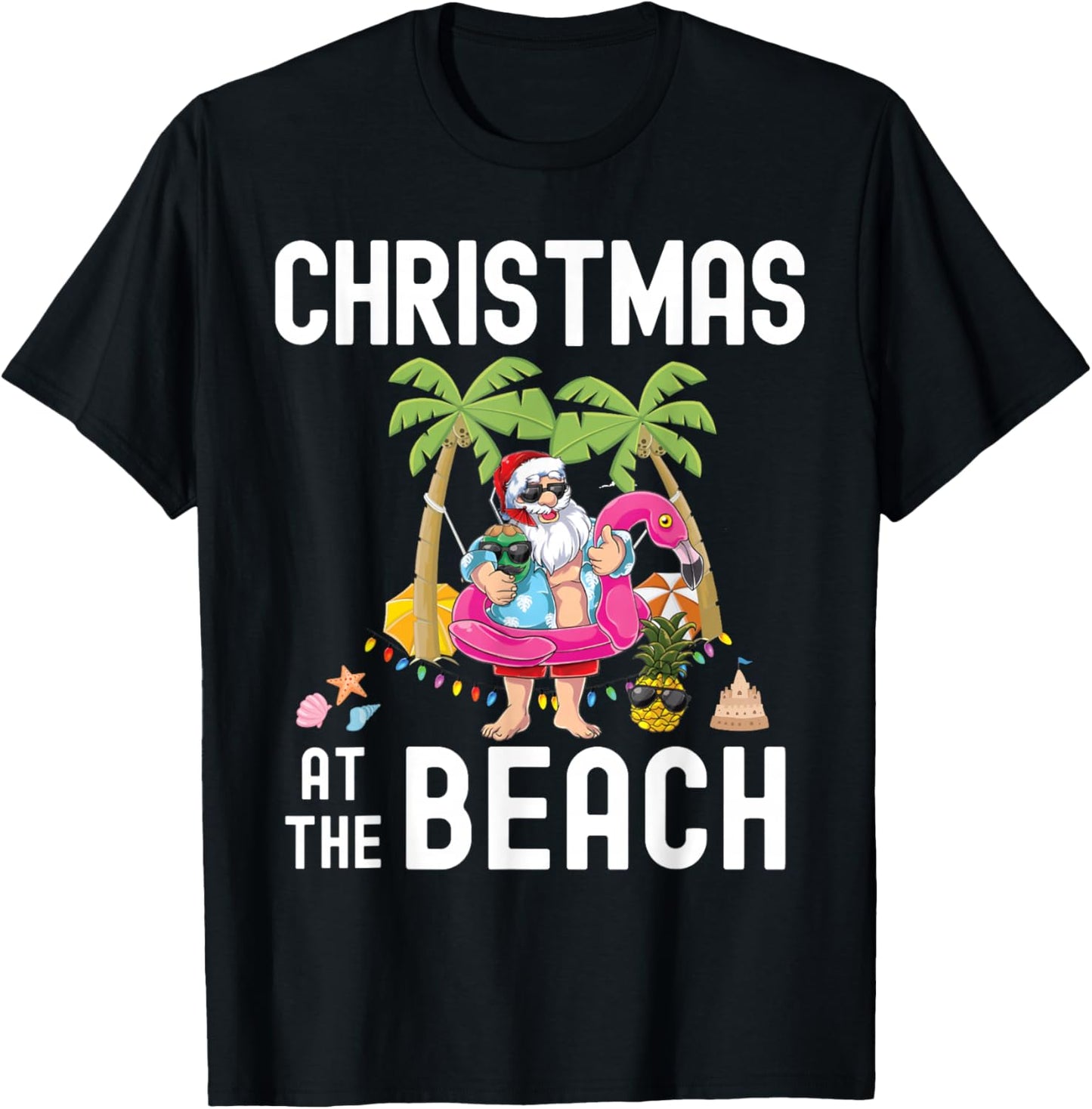 Palm Tree Santa Surfing Summer Christmas At The Beach T-Shirt - T-Shirt | Black