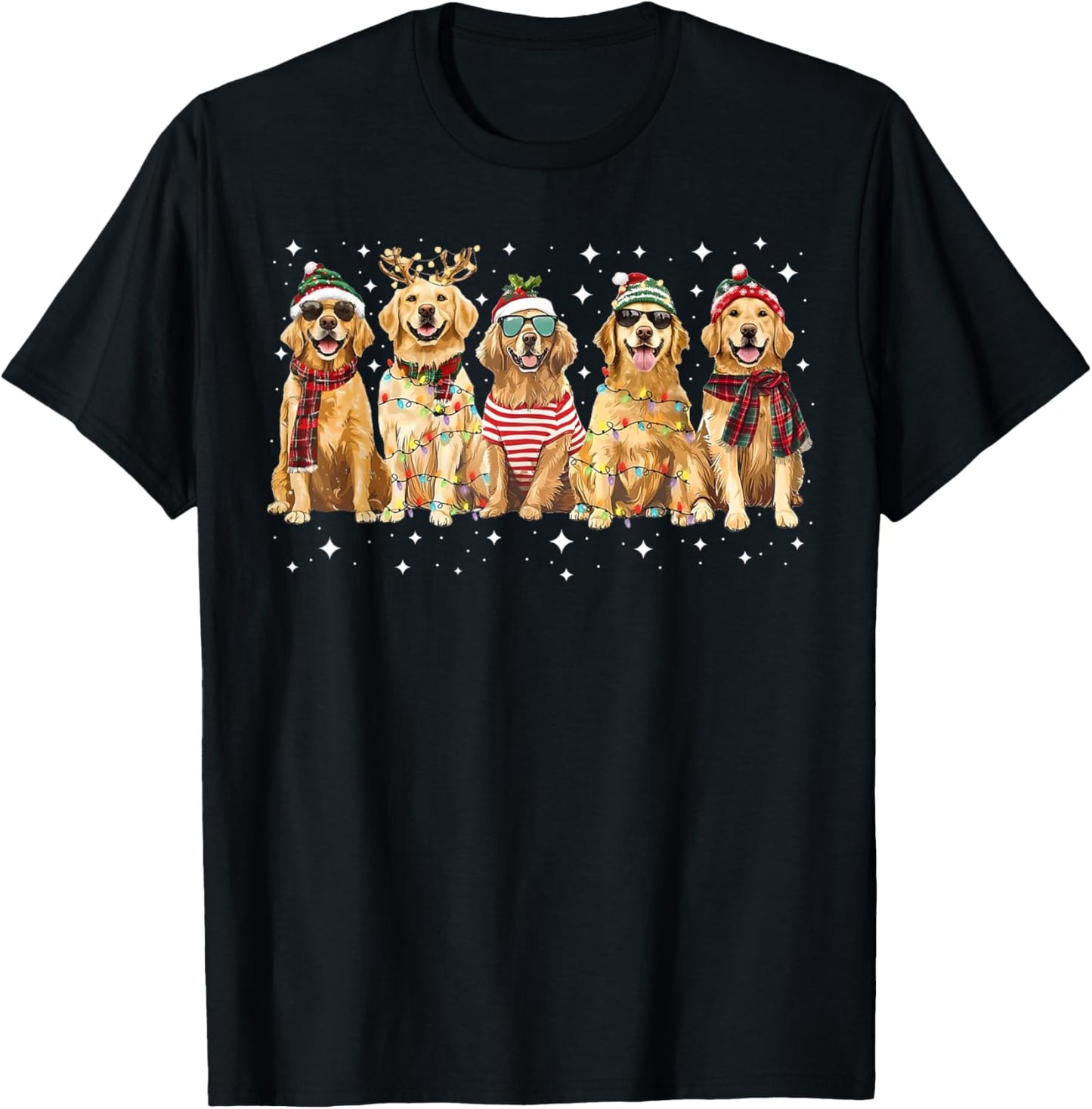 Golden Retriever Santa Christmas Lights Funny Xmas Dog Lover T-Shirt - T-Shirt | Black