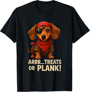 ARRR... Treats or Plank! Halloween Pirate Dachshund Dog T-Shirt - T-Shirt | Black
