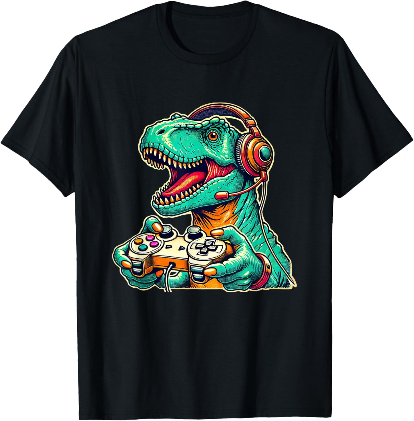 Cool Gamer Dino T-Rex Gamer Dinosaur Gaming T-Shirt - T-Shirt | Black