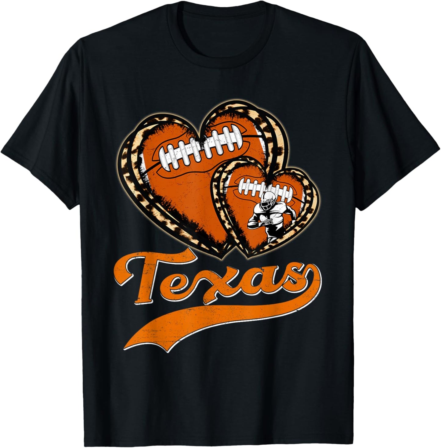 Vintage Leopard Heart Texas Football Player Sport Fans T-Shirt - T-Shirt | Black