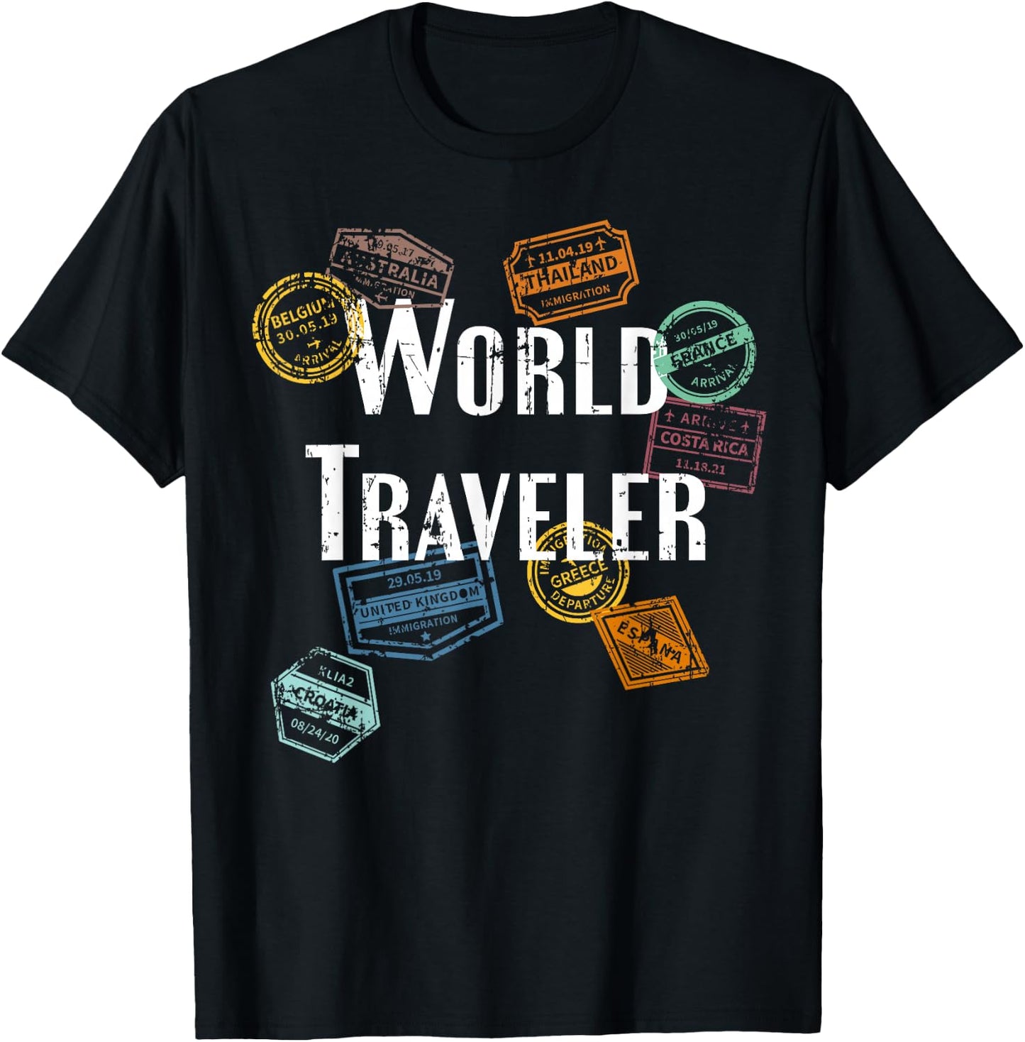 Vintage Distressed World Traveler Passport Stamp Gift Shirt T-Shirt - T-Shirt | Black