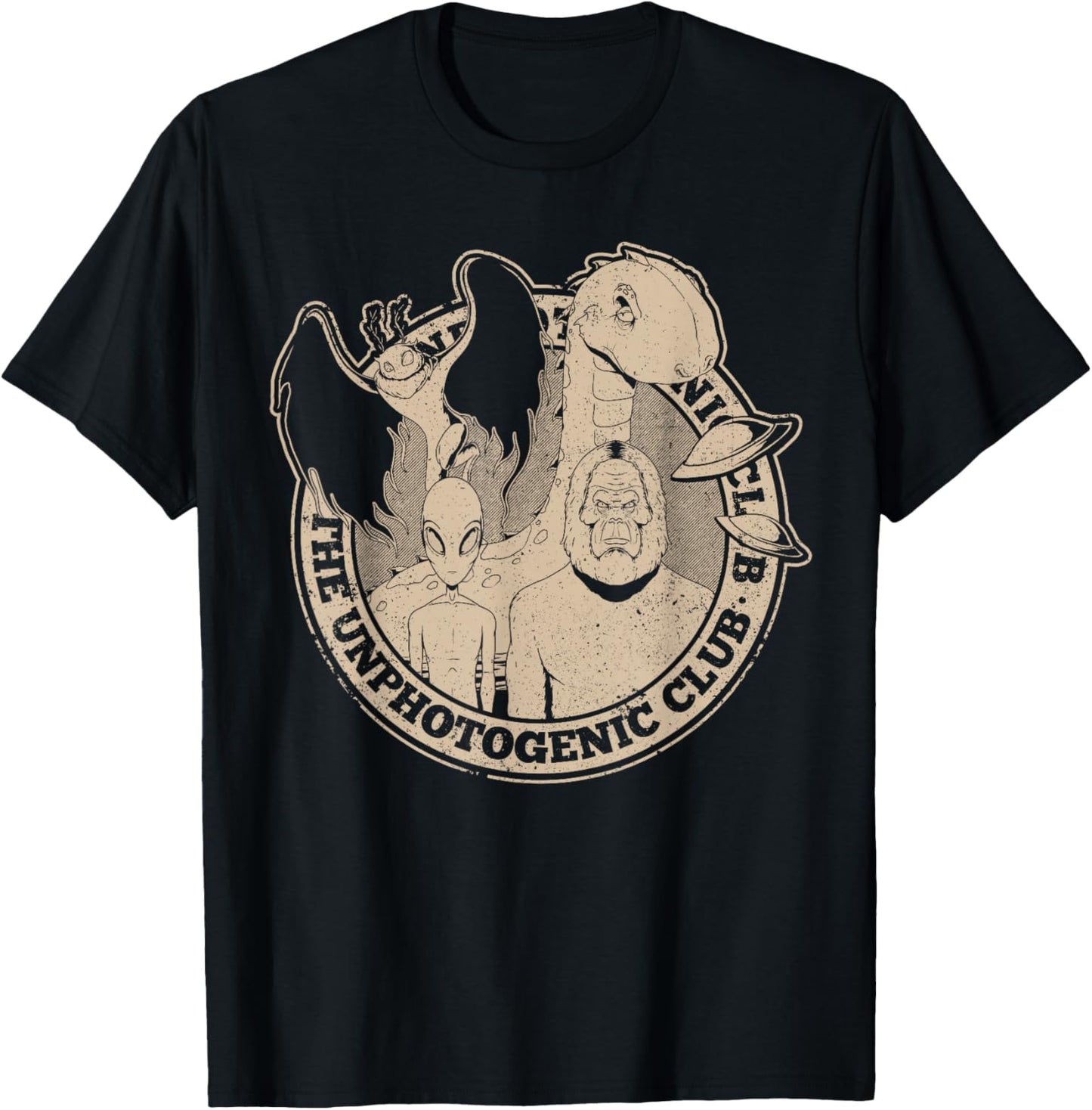 Unphotogenic Club Cryptid Alien Bigfoot Mothman Loch Ness T-Shirt - T-Shirt | Black