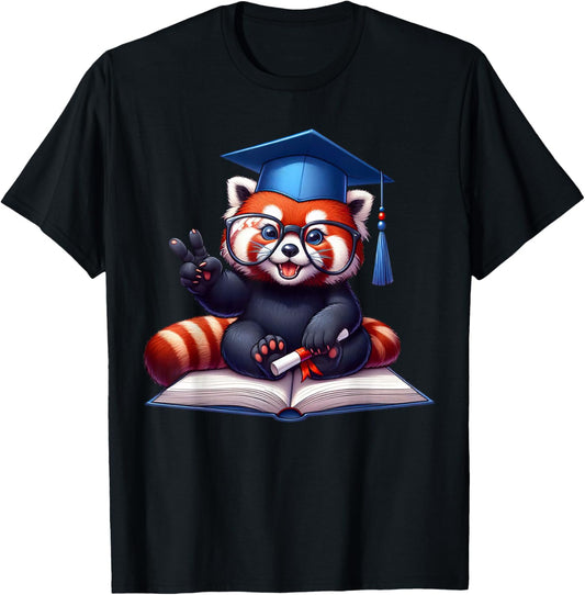 Peace Sign Hand Graduate Red Panda Graduation T-Shirt - T-Shirt | Black