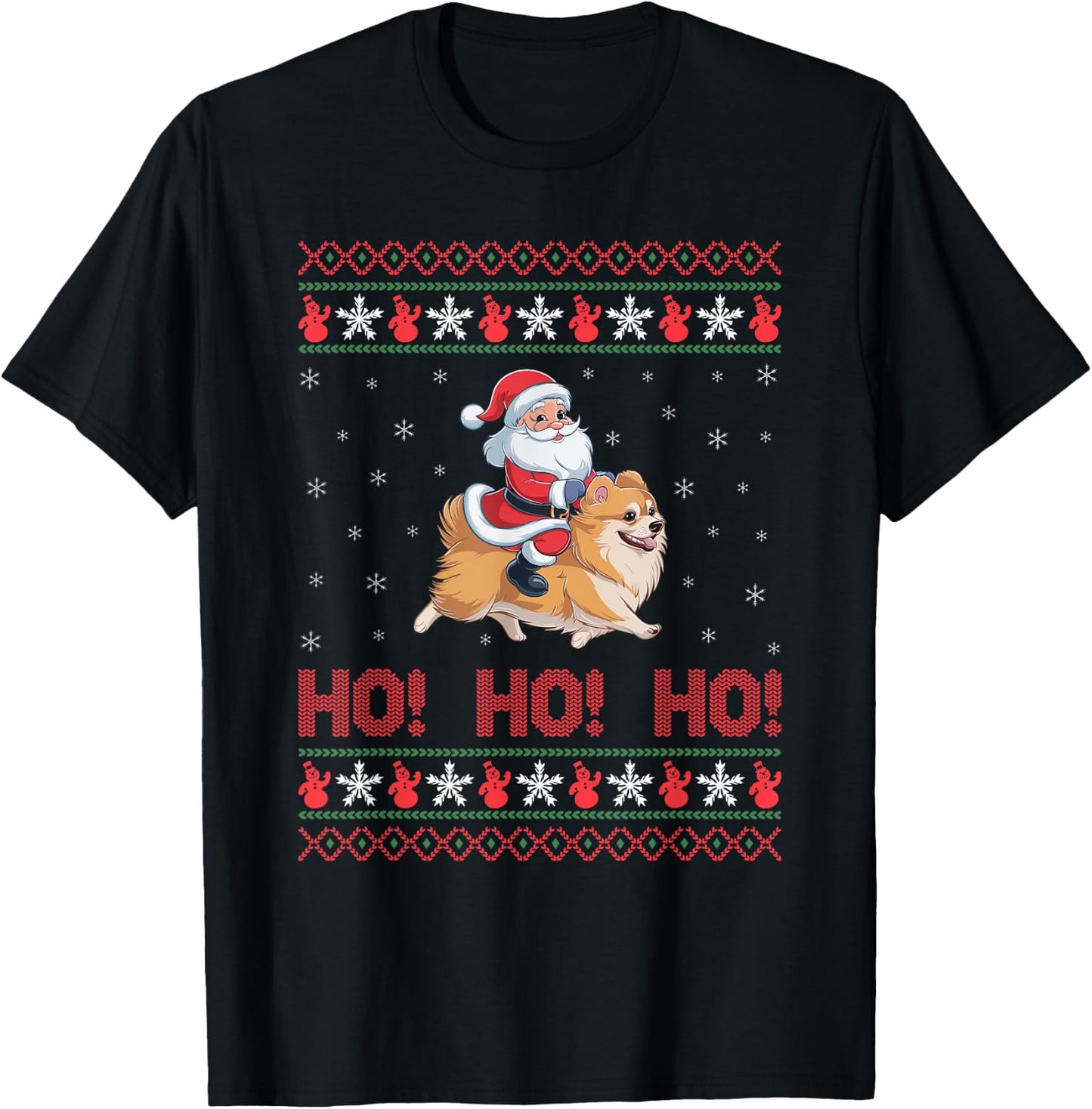 Ho Ho Ho Santa Riding Pomeranian Dog Ugly Christmas Sweater Men Women Kids T-Shirt - T-Shirt | Black