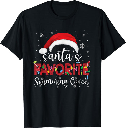 Ugly Sweater Christmas Santa's Favorite Swimming Coach Xmas T-Shirt - T-Shirt | Black