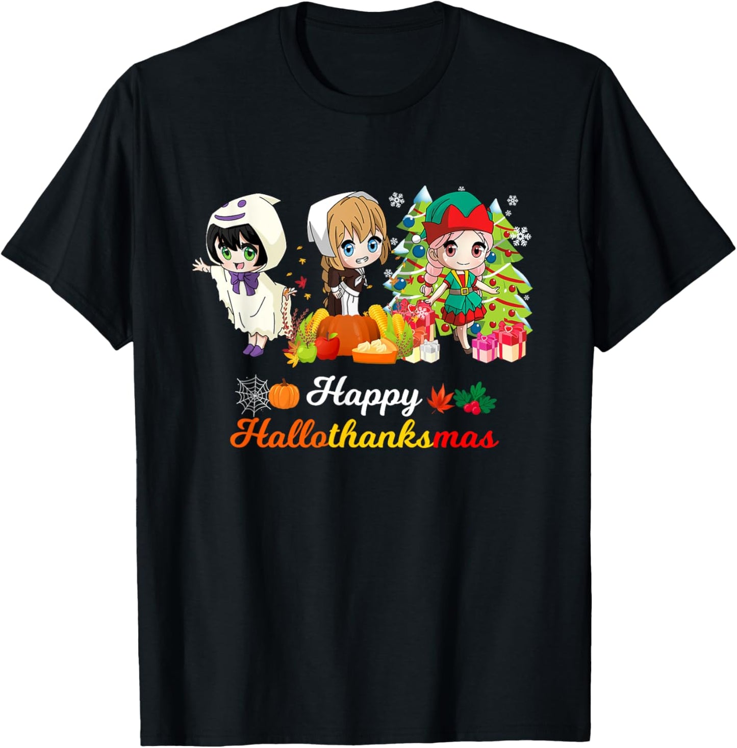 Halloween Thanksgiving Christmas Hallothanksmas Anime Girl T-Shirt - T-Shirt | Black