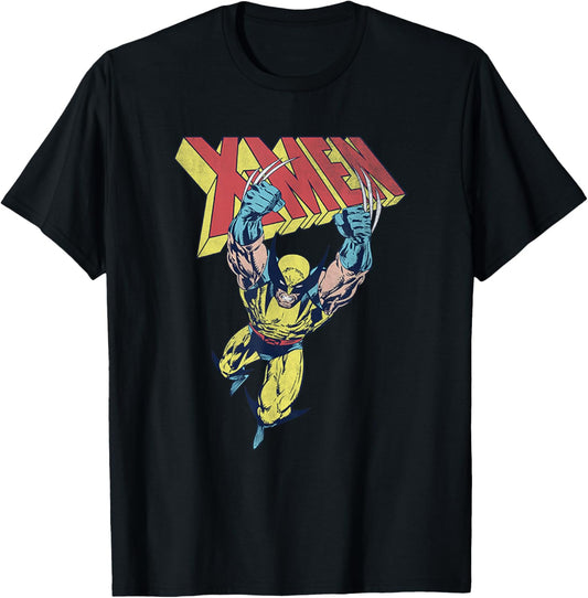 Marvel X-Men Wolverine Jumping with Claws Out Vintage T-Shirt - T-Shirt | Black