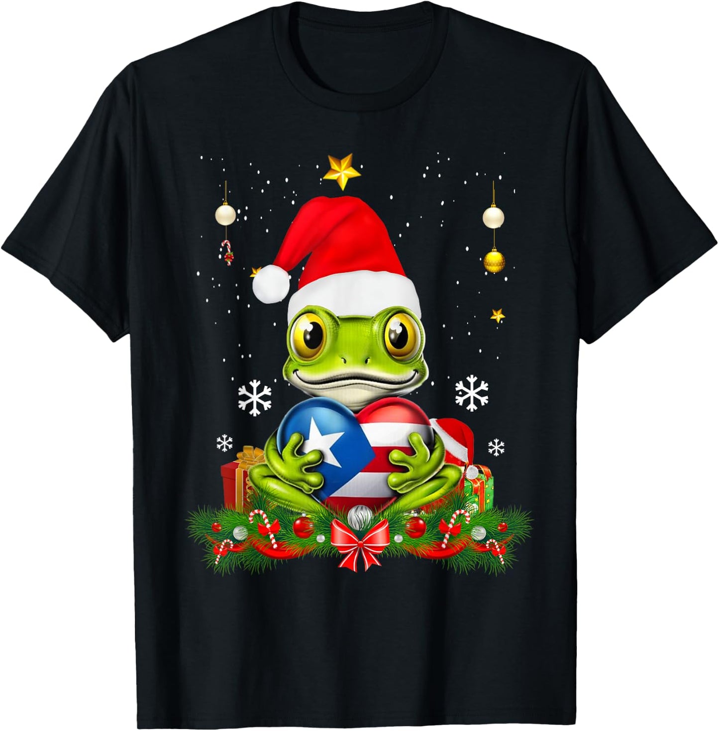Patriotic Puerto Rico Flag Frog Tree Christmas Puero Rican T-Shirt - T-Shirt | Black