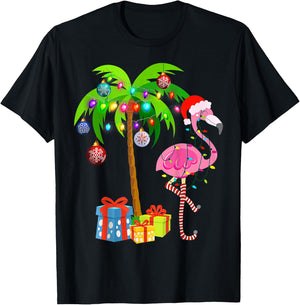 Pink Flamingo Christmas Palm Tree Tropical Xmas Holiday T-Shirt - T-Shirt | Black