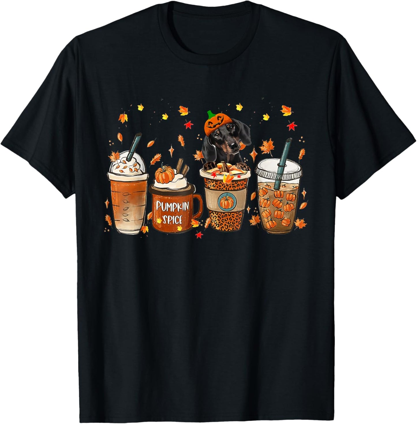 Dachshund Fall Coffee Pumpkin Spice Latte Iced Autumn T-Shirt - T-Shirt | Black