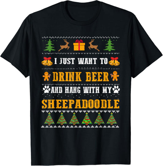 Drink Beer Funny Sheepadoodle Lovers Ugly Christmas Sweater T-Shirt - T-Shirt | Black