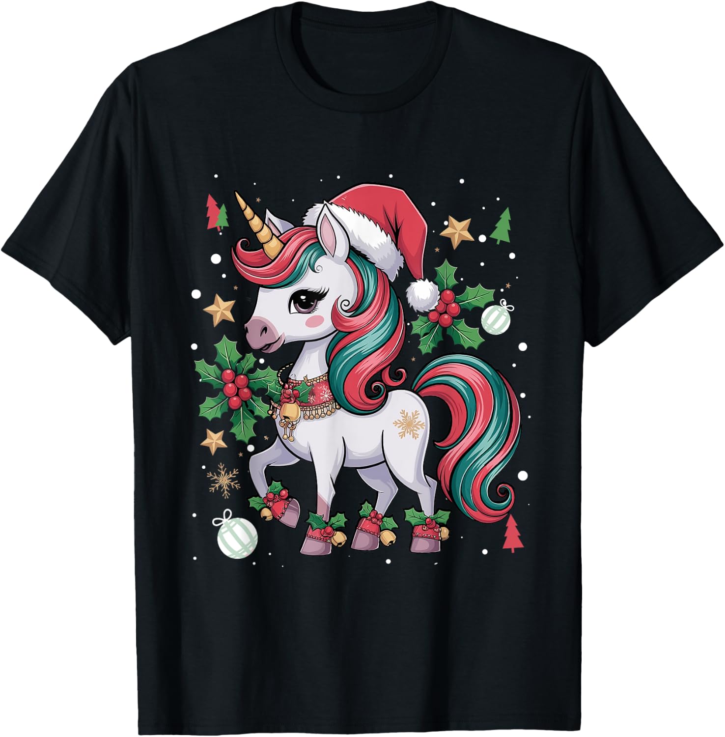 Merry Christmas Unicorn Girls Kid Toddler Xmas Unicorn Santa T-Shirt - T-Shirt | Black