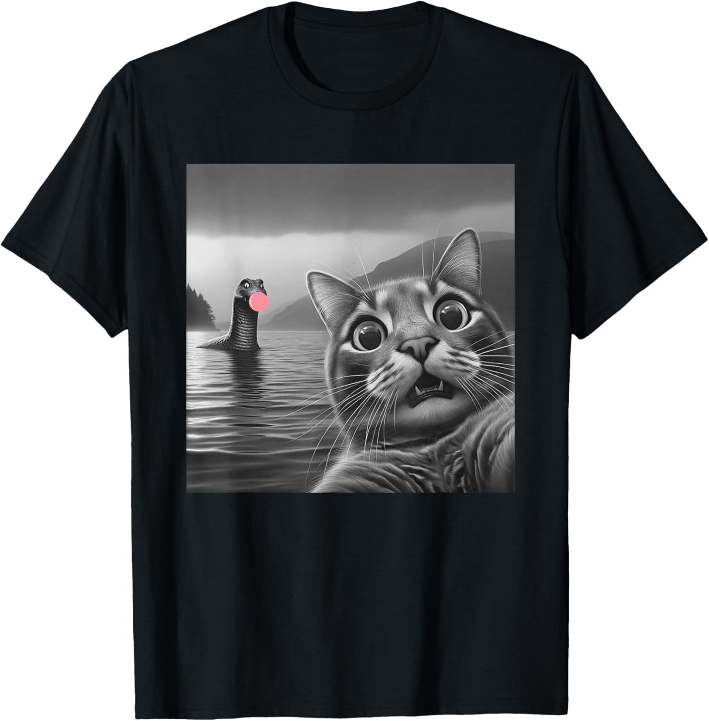 Funny Surprised Cat Selfie with Loch Ness Monster, Bubble Women Girls Kids T-Shirt - T-Shirt | Black