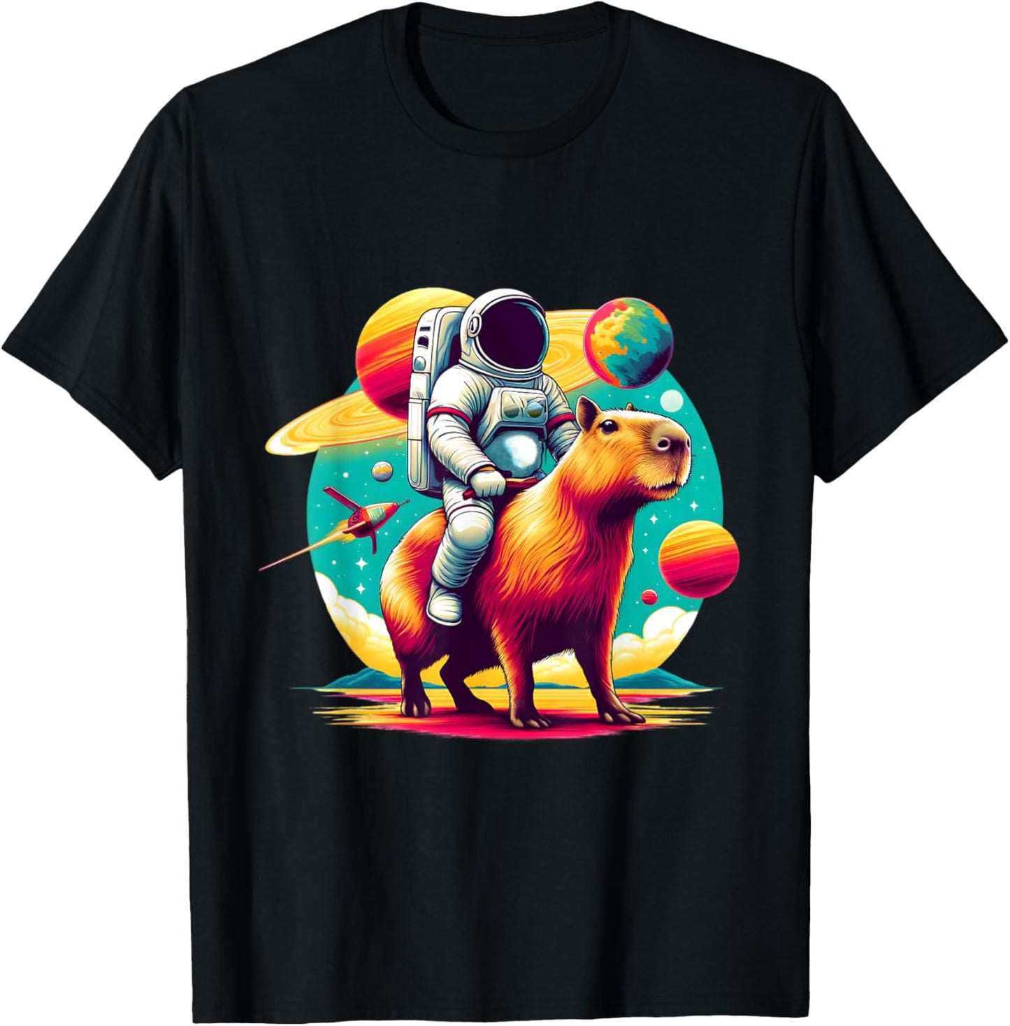 Space Astronaut Riding Capybara Lover Men Boys Funny Graphic T-Shirt - T-Shirt | Black