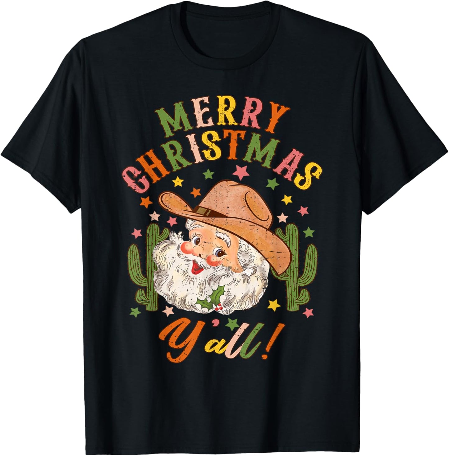 Merry Christmas Y'all Howdy Santa Cowgirl Cowboy Hat Xmas T-Shirt - T-Shirt | Black