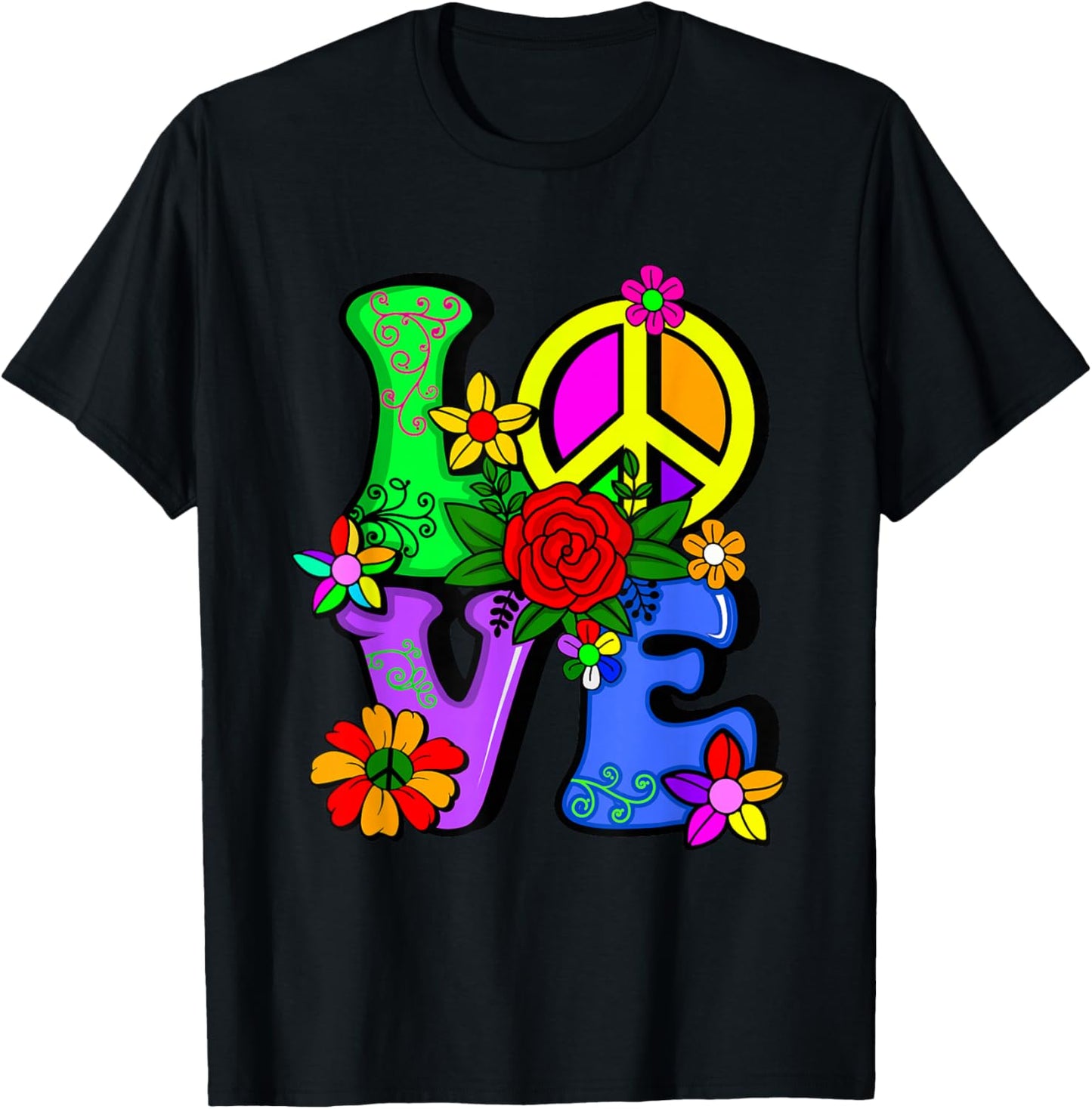 Retro 60's 70's Flower Power Hippy, Groovy Love Peace Hippie T-Shirt - T-Shirt | Black