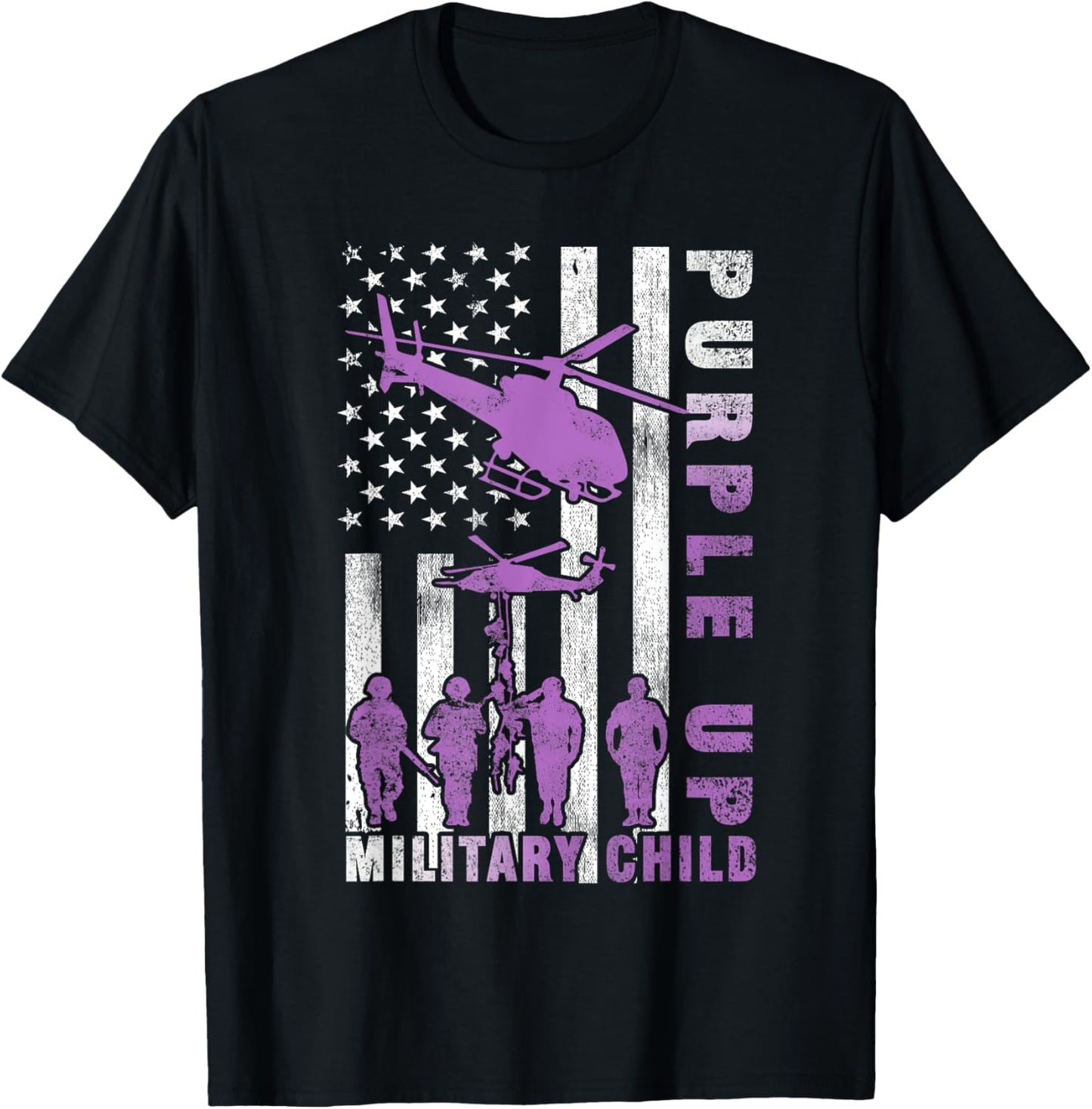 Military Child Purple Up Shirt American Flag Helicopter Kids T-Shirt - T-Shirt | Black