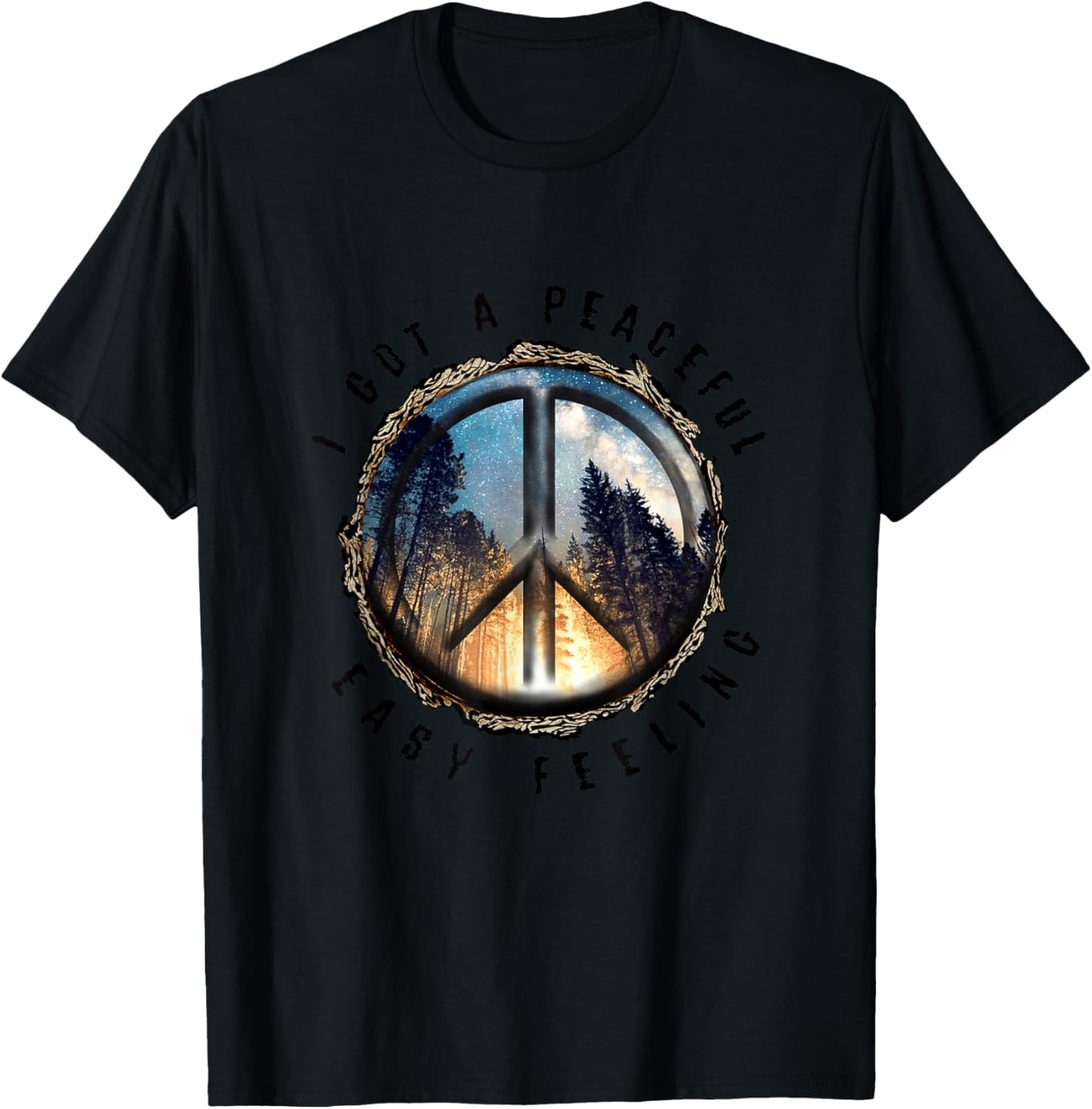 Hippie Peace Sign I Got A Easy Peaceful Feeling Forest Tree T-Shirt - T-Shirt | Black