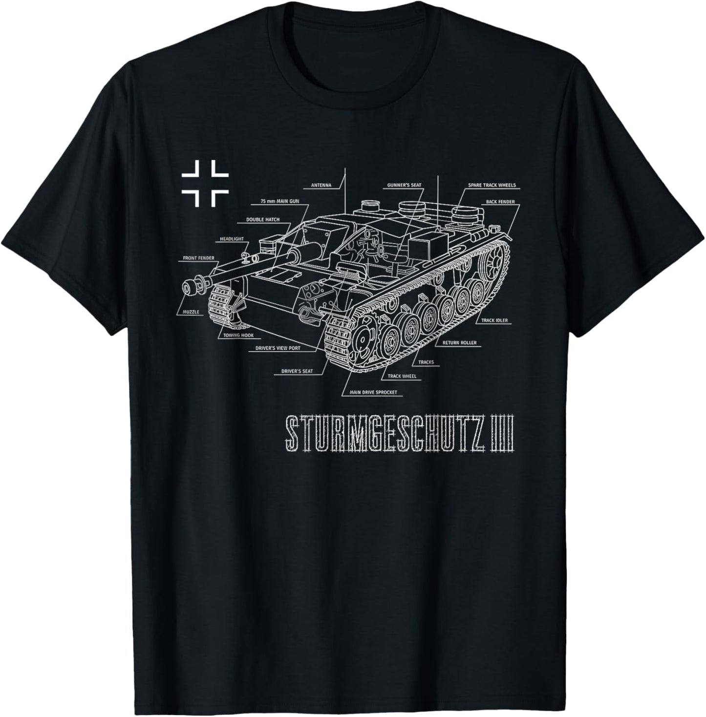 World War 2 Army German Tank StuG III Ausf. G Blueprint T-Shirt - T-Shirt | Black