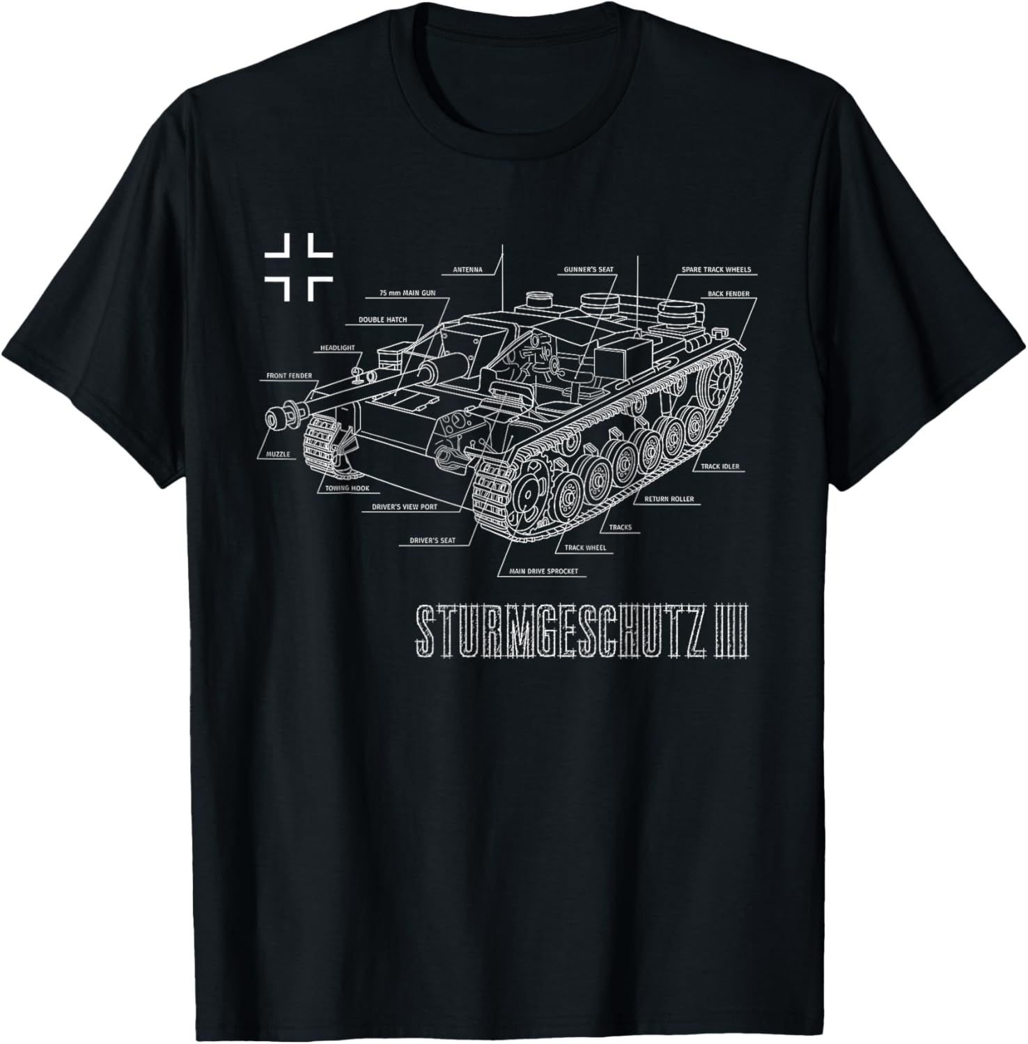World War 2 Army German Tank StuG III Ausf. G Blueprint T-Shirt - T-Shirt | Black