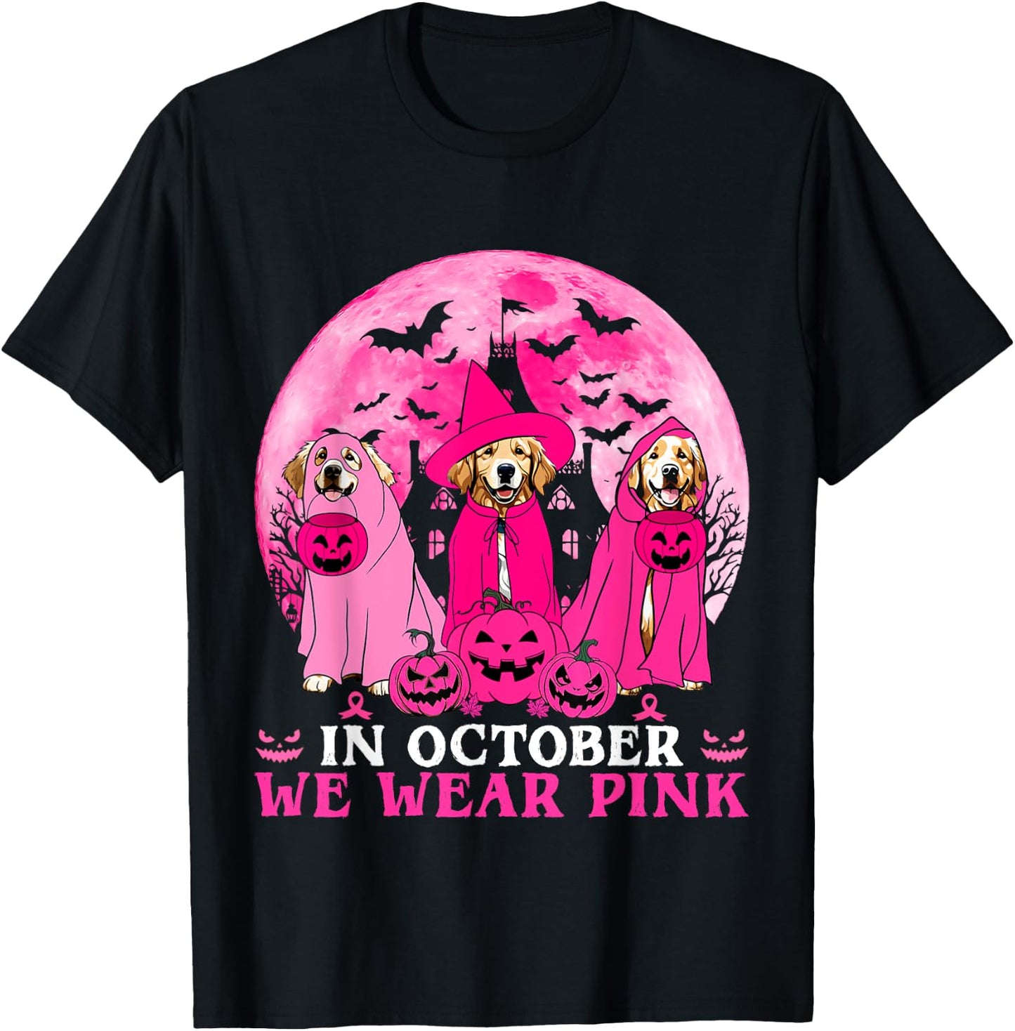 Ghost And Witch Golden Retriever In October We Wear Pink T-Shirt - T-Shirt | Black