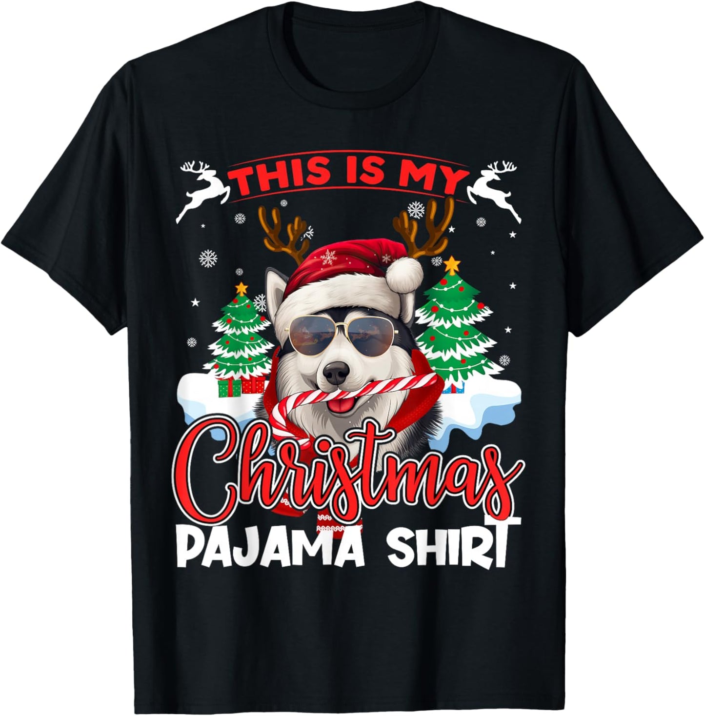 Siberian Husky Santa Christmas Pajama Xmas Family Matching T-Shirt - T-Shirt | Black