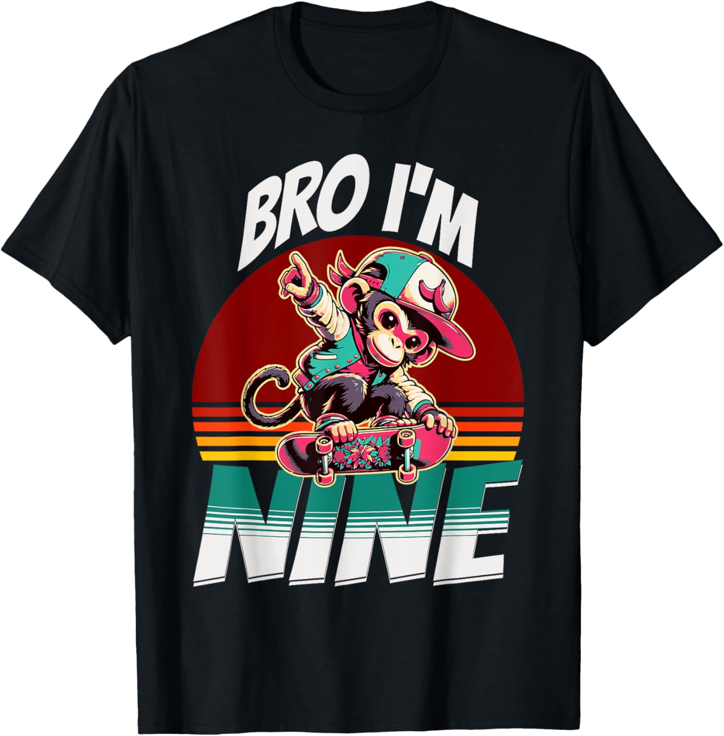 Bro I'm Nine 9th Birthday Monkey Lovers Skateboard Bday T-Shirt - T-Shirt | Black