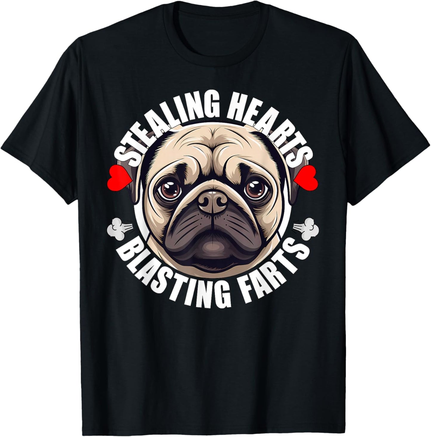 Funny Pug Stealing Hearts Blasting Farts Puppy Dog Lover T-Shirt - T-Shirt | Black