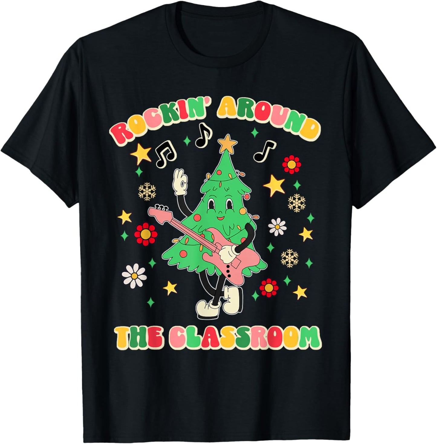 Teacher Christmas Gifts Shirts Pajama Matching Rockin' Around The Classroom -Adult Black Short Sleeve Small Modern Festive Christmas Teacher Xmas Vibes T-Shirt - T-Shirt | Black