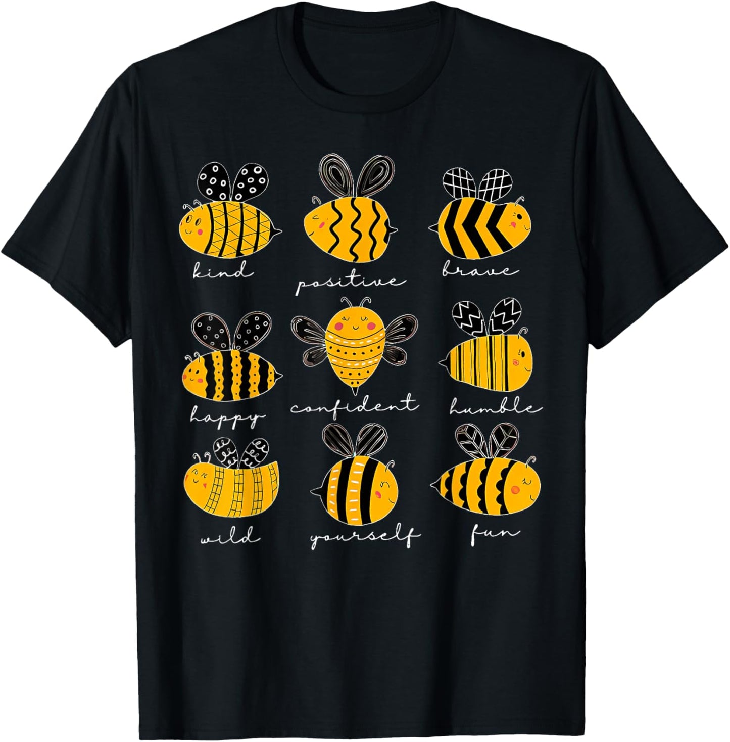 Bee Kind Positive Brave Happy Confident Humble Teacher T-Shirt - T-Shirt | Black