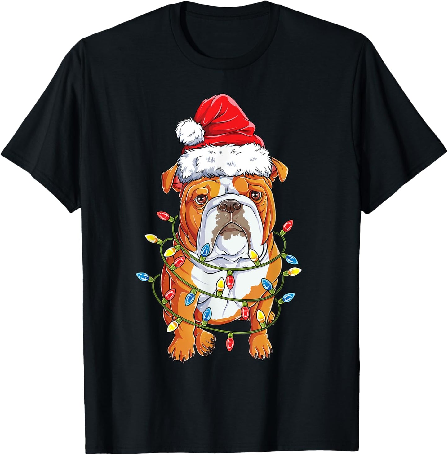 English Bulldog Santa Christmas Tree Lights Xmas Boys Dog T-Shirt - T-Shirt | Black