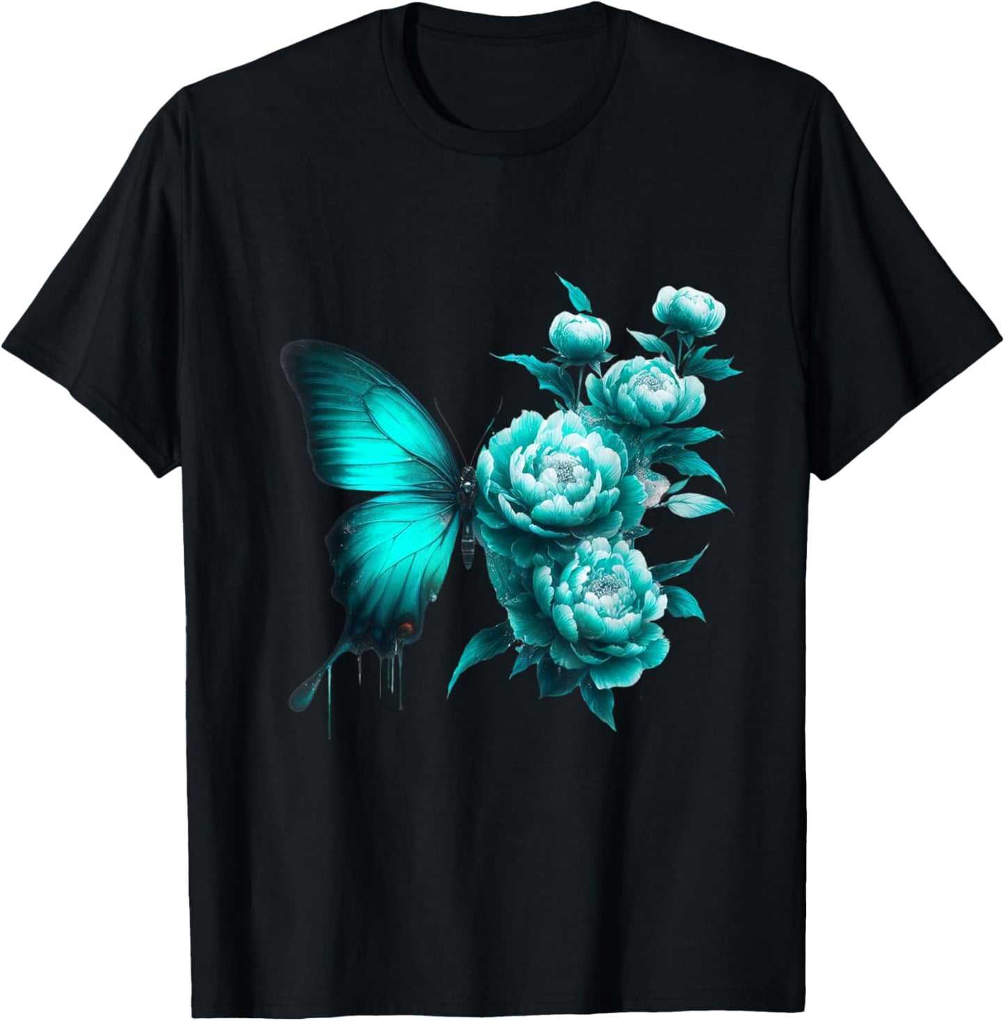 Teal Butterfly Wings Blossoming Floral Turquoise Butterflies T-Shirt - T-Shirt | Black