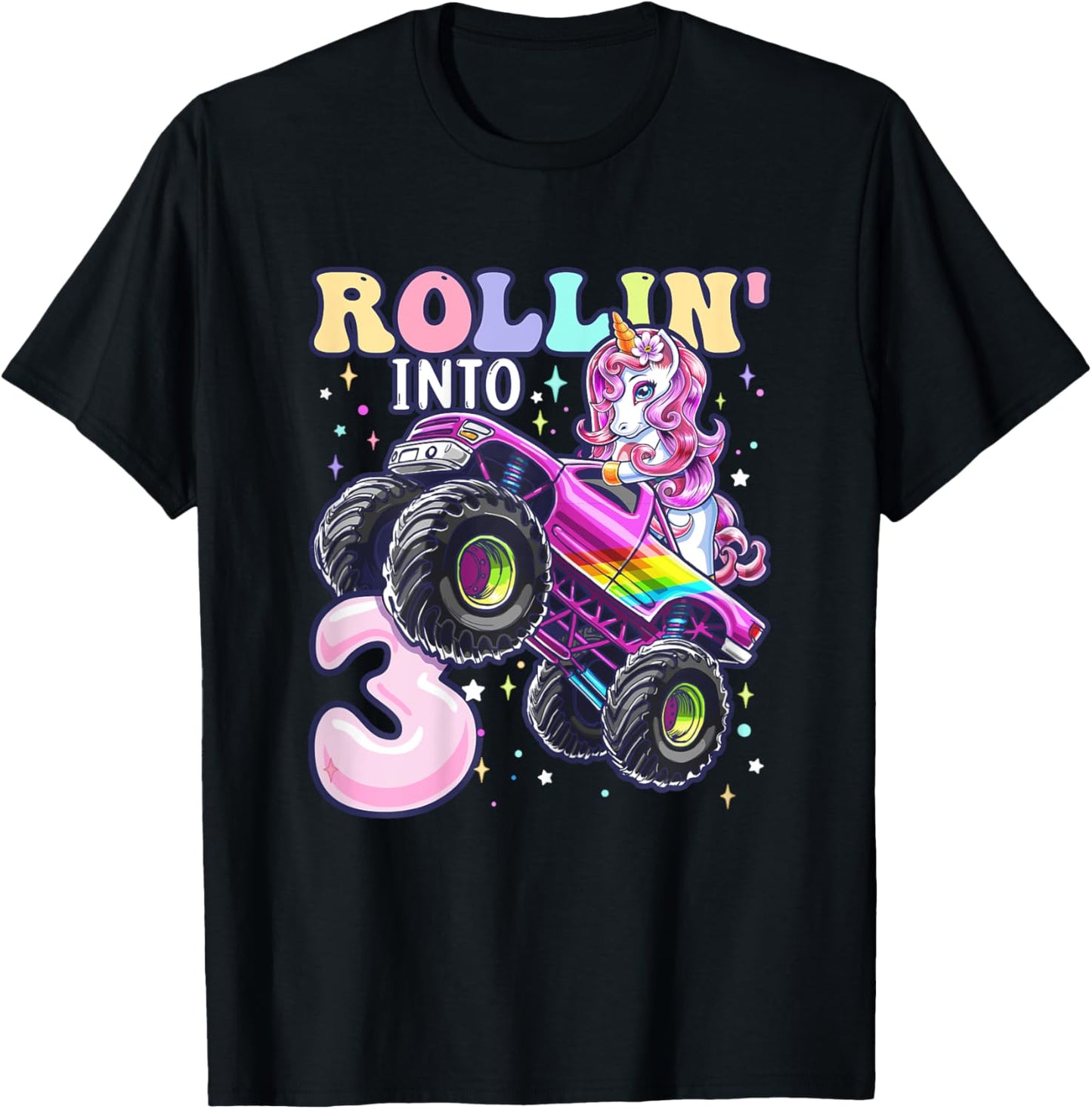 Unicorn Monster Truck 3rd Birthday 3 Year Old Girls Party T-Shirt - T-Shirt | Black
