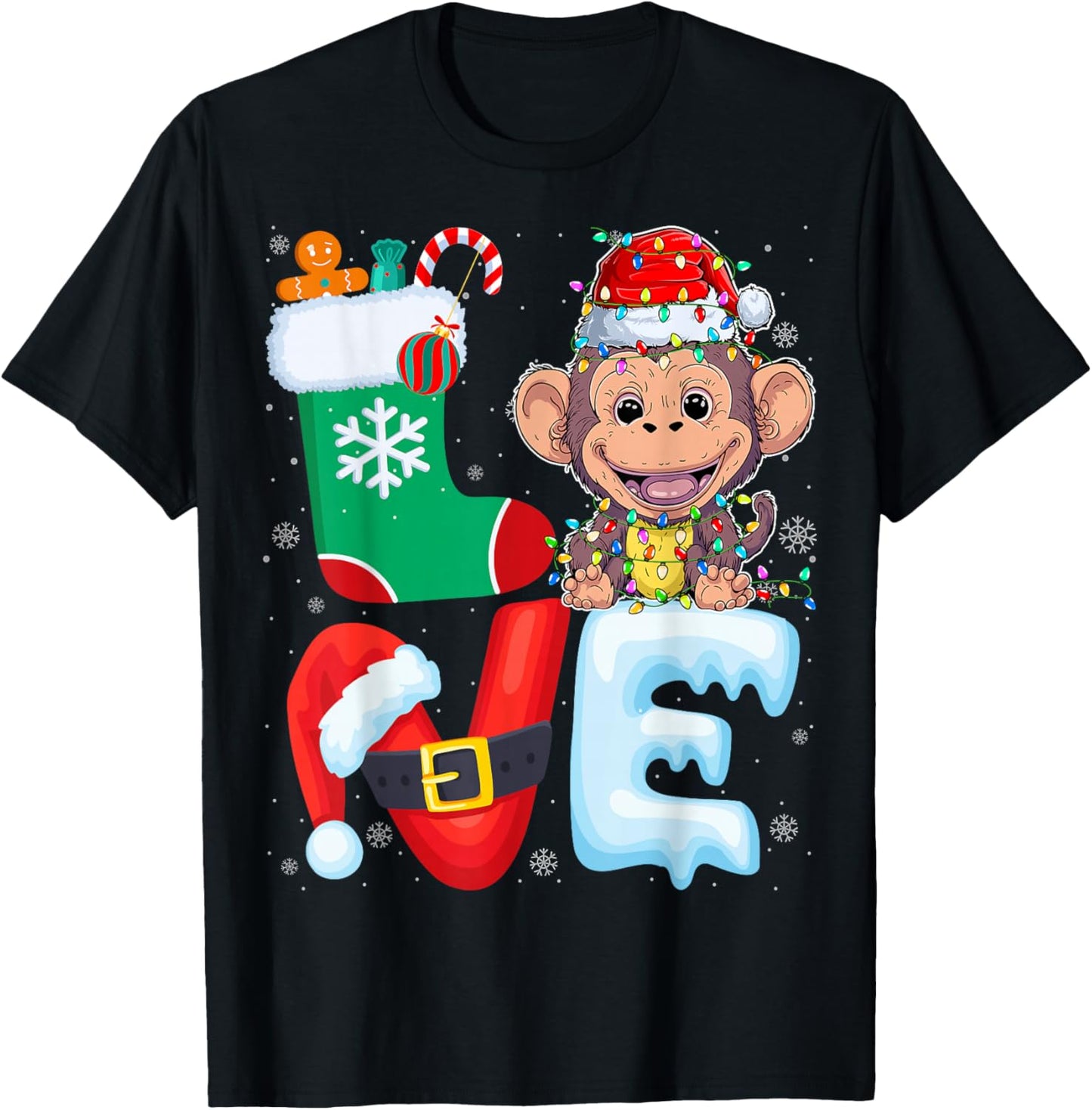Monkey Wearing Santa Hat Xmas Lights Tree Christmas Monkey T-Shirt - T-Shirt | Black
