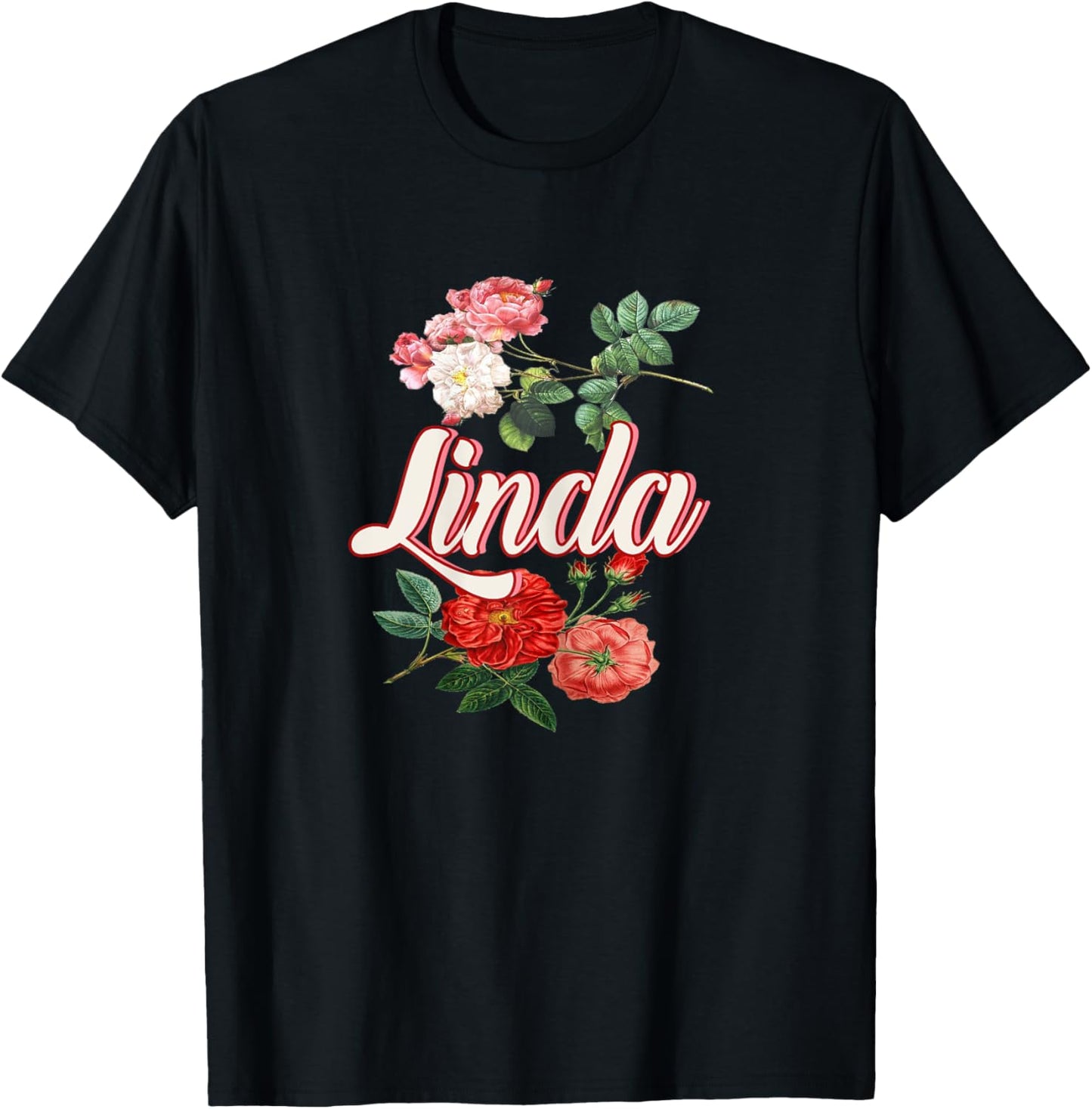 Linda Name With Flowers T-Shirt - T-Shirt | Black