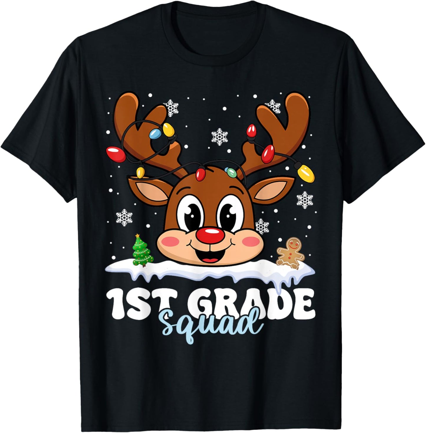 First Grade Squad Teachers Christmas Reindeer Lovers Xmas T-Shirt - T-Shirt | Black