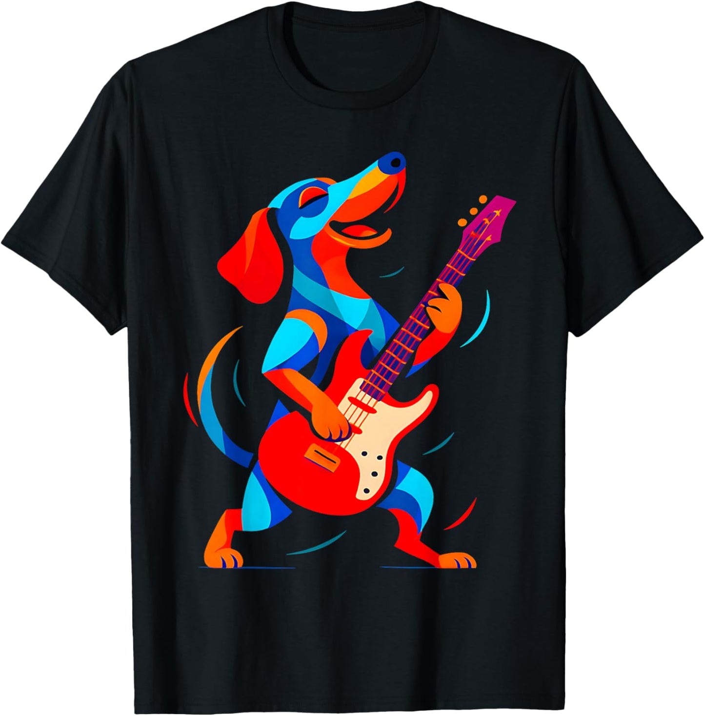 Funny Dachshund Dog Playing Electric Guitar Music Musician T-Shirt - T-Shirt | Black