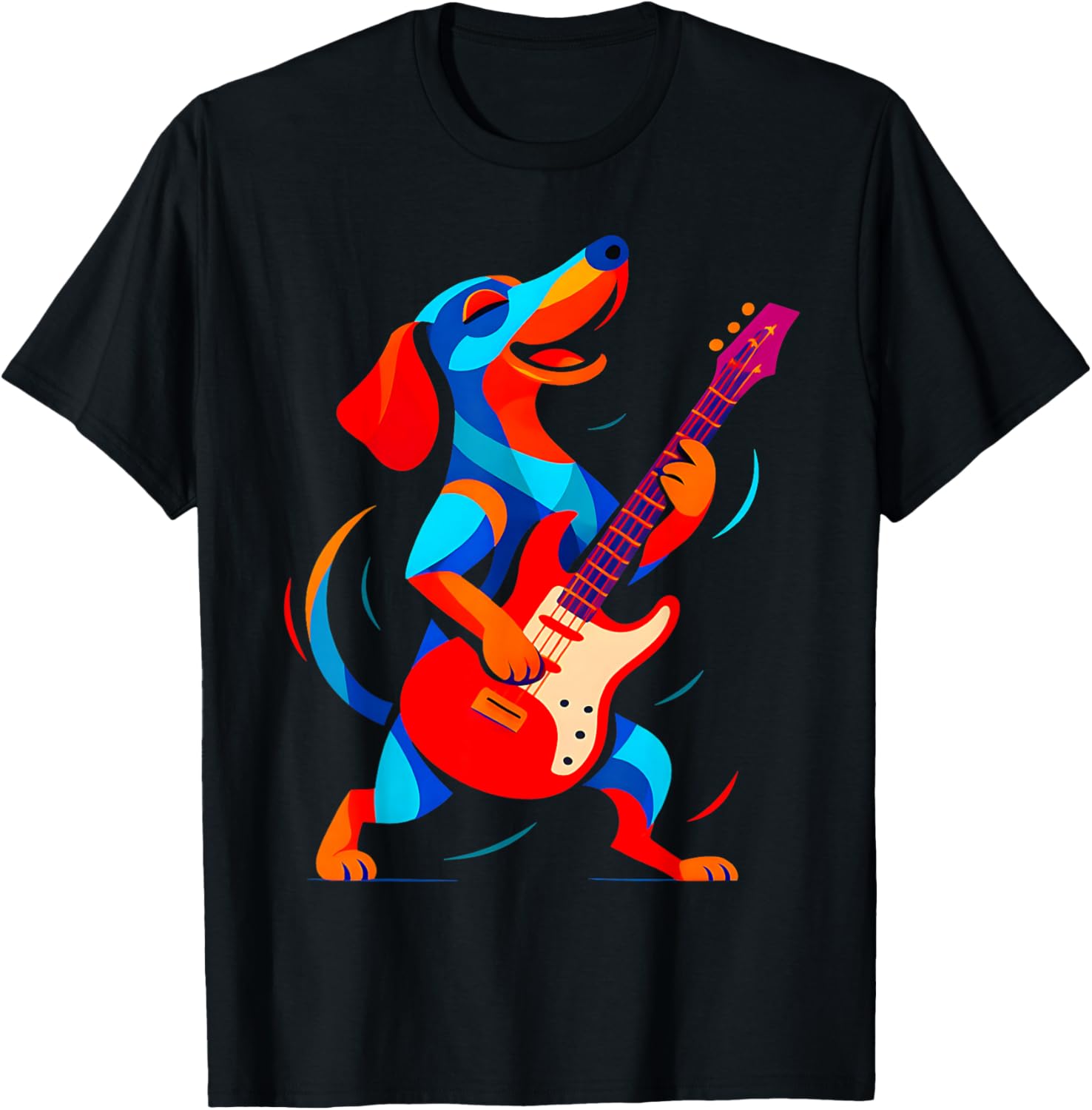 Funny Dachshund Dog Playing Electric Guitar Music Musician T-Shirt - T-Shirt | Black
