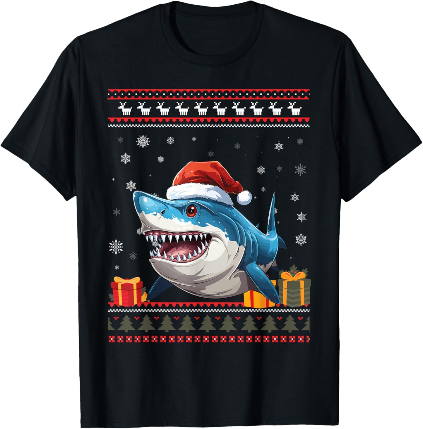 Shark Christmas Santa Hat Ugly Christmas Sweater T-Shirt - T-Shirt | Black